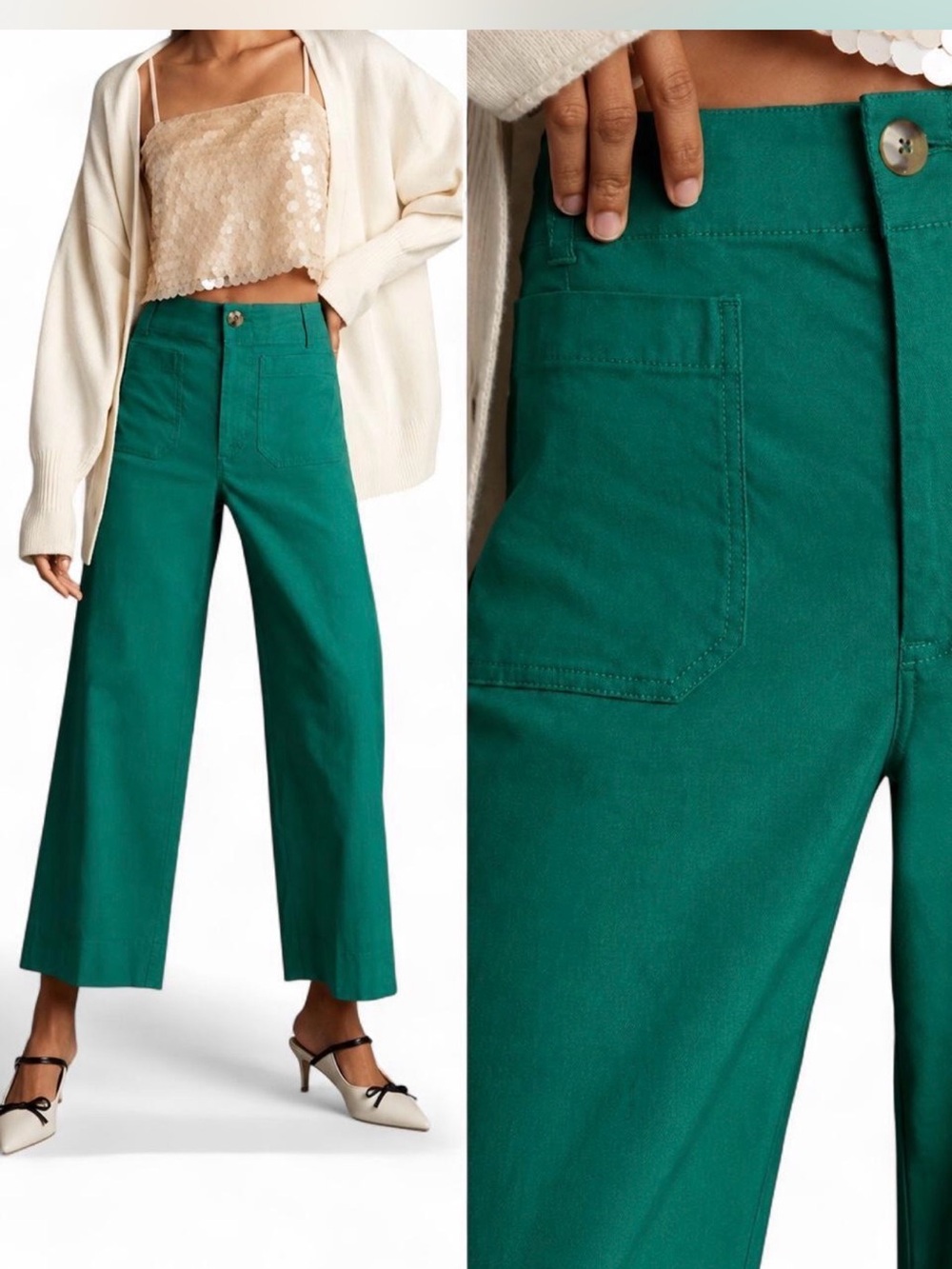 Maeve Wide-Leg High-Rise Pants in Teal Green